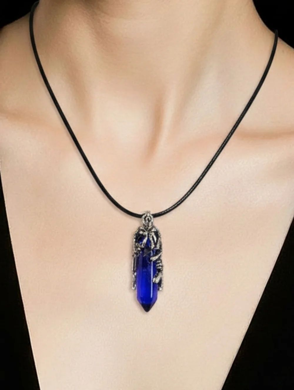 Blue Crystal Point Pendant Necklace Dragon Claw Fantasy Gothic Witchy Jewelry